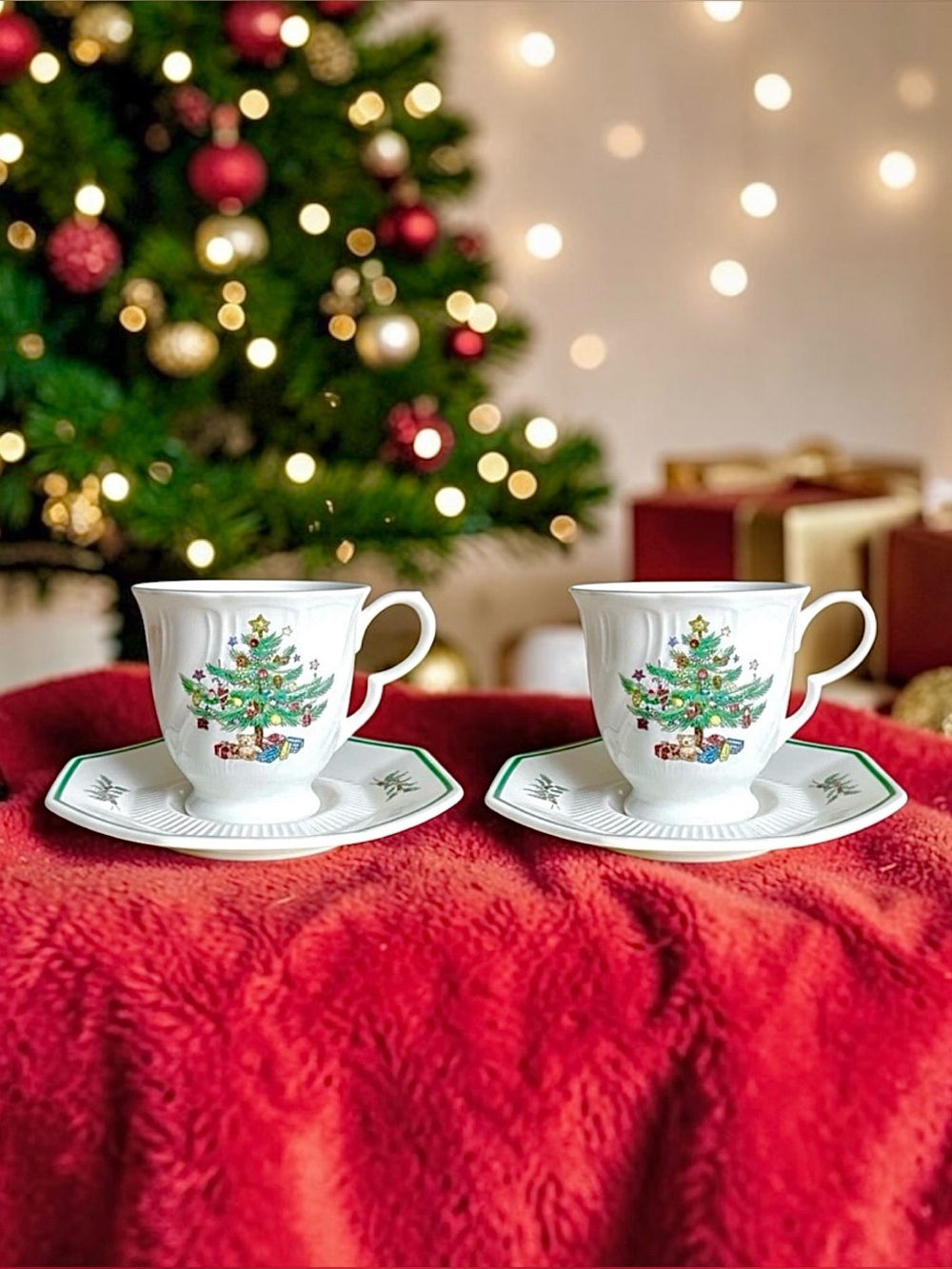 Set Of 2 Nikko Christmastime Tea Cup and Saucer Christmas Tree White Japan